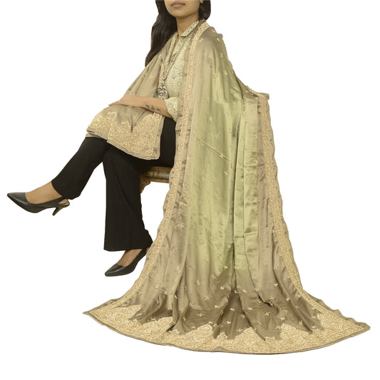 Sanskriti Vintage Grey Dupatta 100% Pure Satin Silk Grey Hand Beaded Party Stole