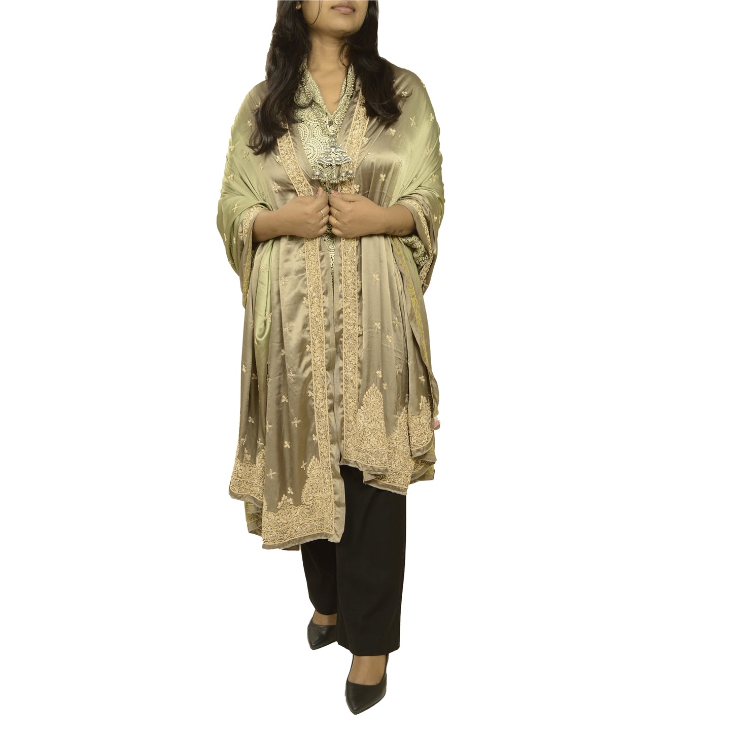 Sanskriti Vintage Grey Dupatta 100% Pure Satin Silk Grey Hand Beaded Party Stole