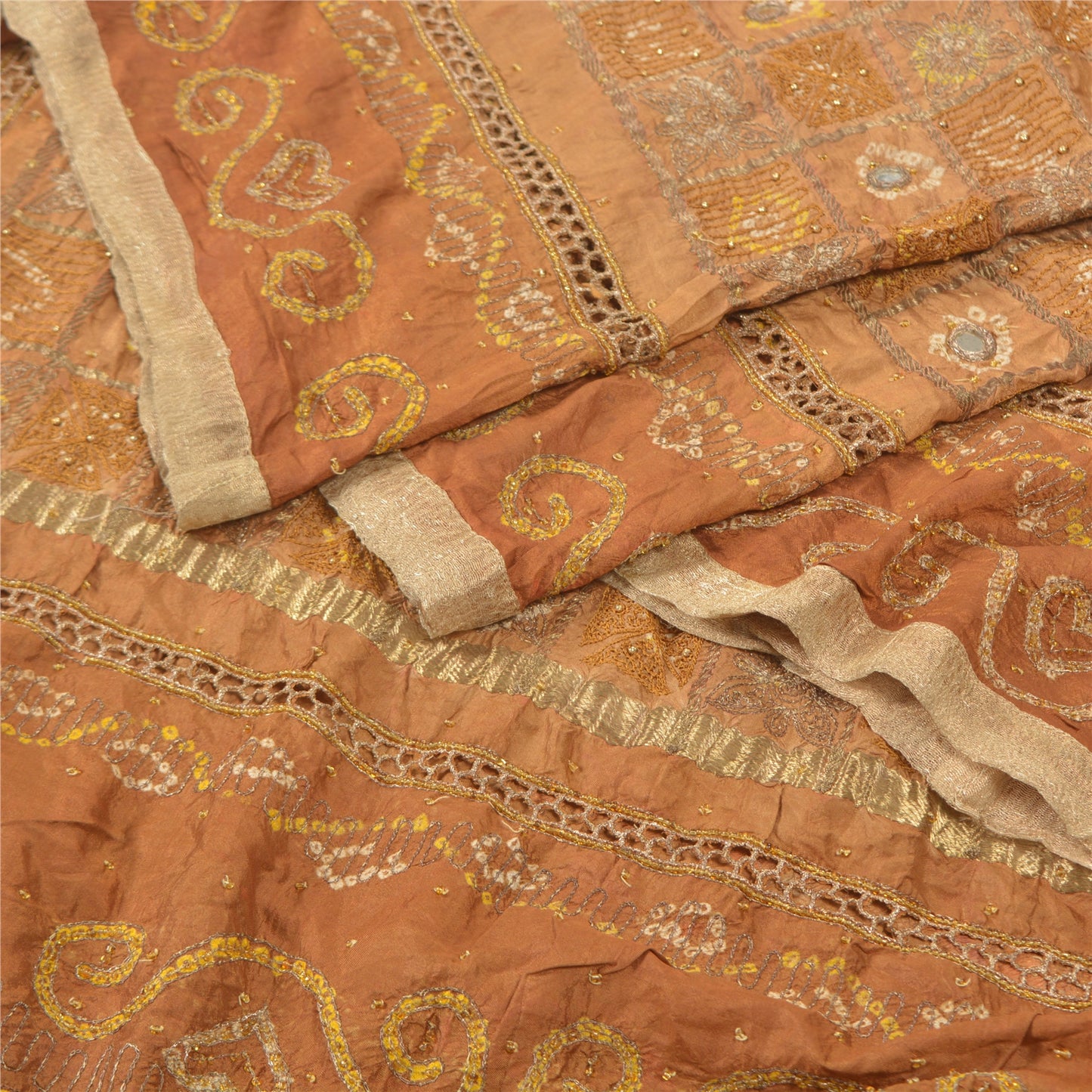 Sanskriti Vintage Indian Brown Dupatta 100% Pure Silk Hand Embroidered Stole