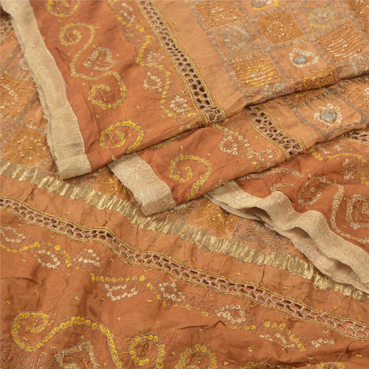 Sanskriti Vintage Indian Brown Dupatta 100% Pure Silk Hand Embroidered Stole