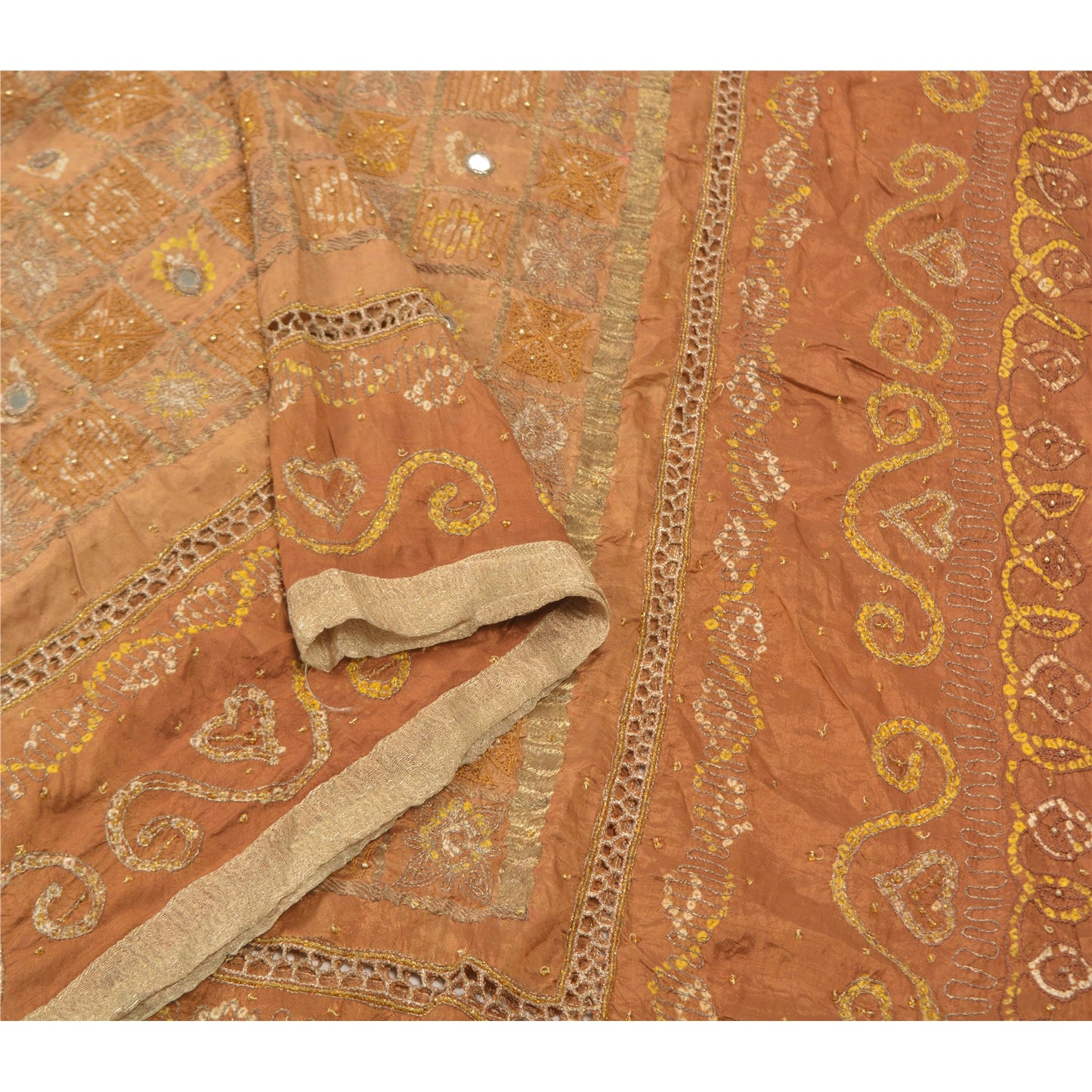 Sanskriti Vintage Indian Brown Dupatta 100% Pure Silk Hand Embroidered Stole