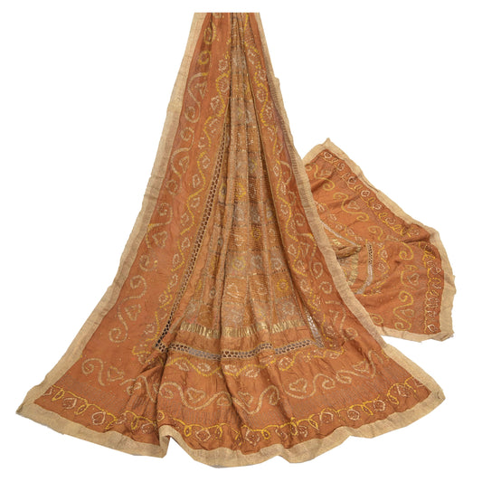 Sanskriti Vintage Indian Brown Dupatta 100% Pure Silk Hand Embroidered Stole