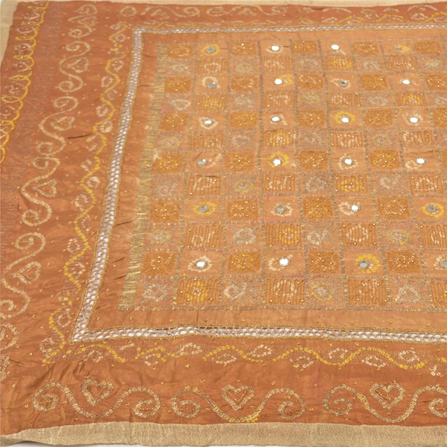 Sanskriti Vintage Indian Brown Dupatta 100% Pure Silk Hand Embroidered Stole