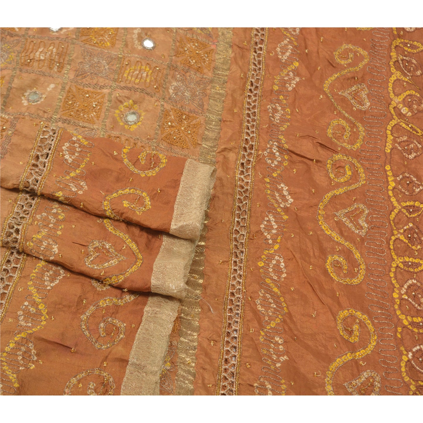 Sanskriti Vintage Indian Brown Dupatta 100% Pure Silk Hand Embroidered Stole