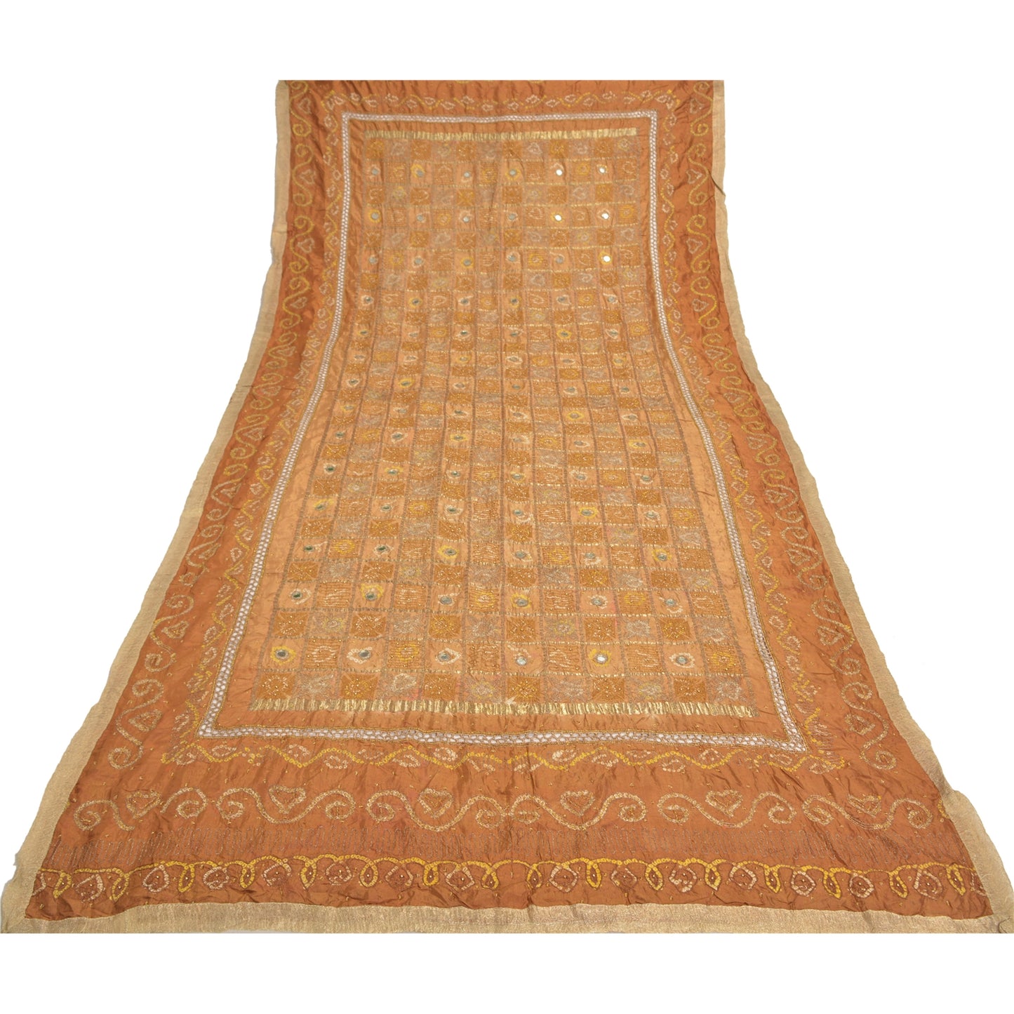 Sanskriti Vintage Indian Brown Dupatta 100% Pure Silk Hand Embroidered Stole