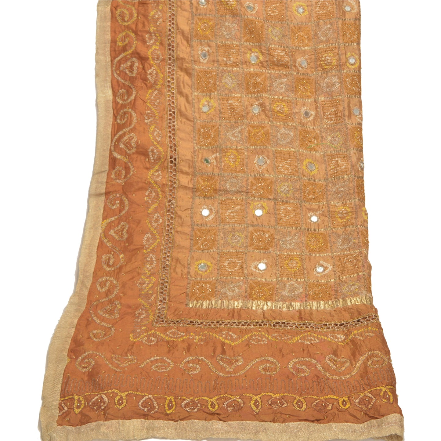 Sanskriti Vintage Indian Brown Dupatta 100% Pure Silk Hand Embroidered Stole
