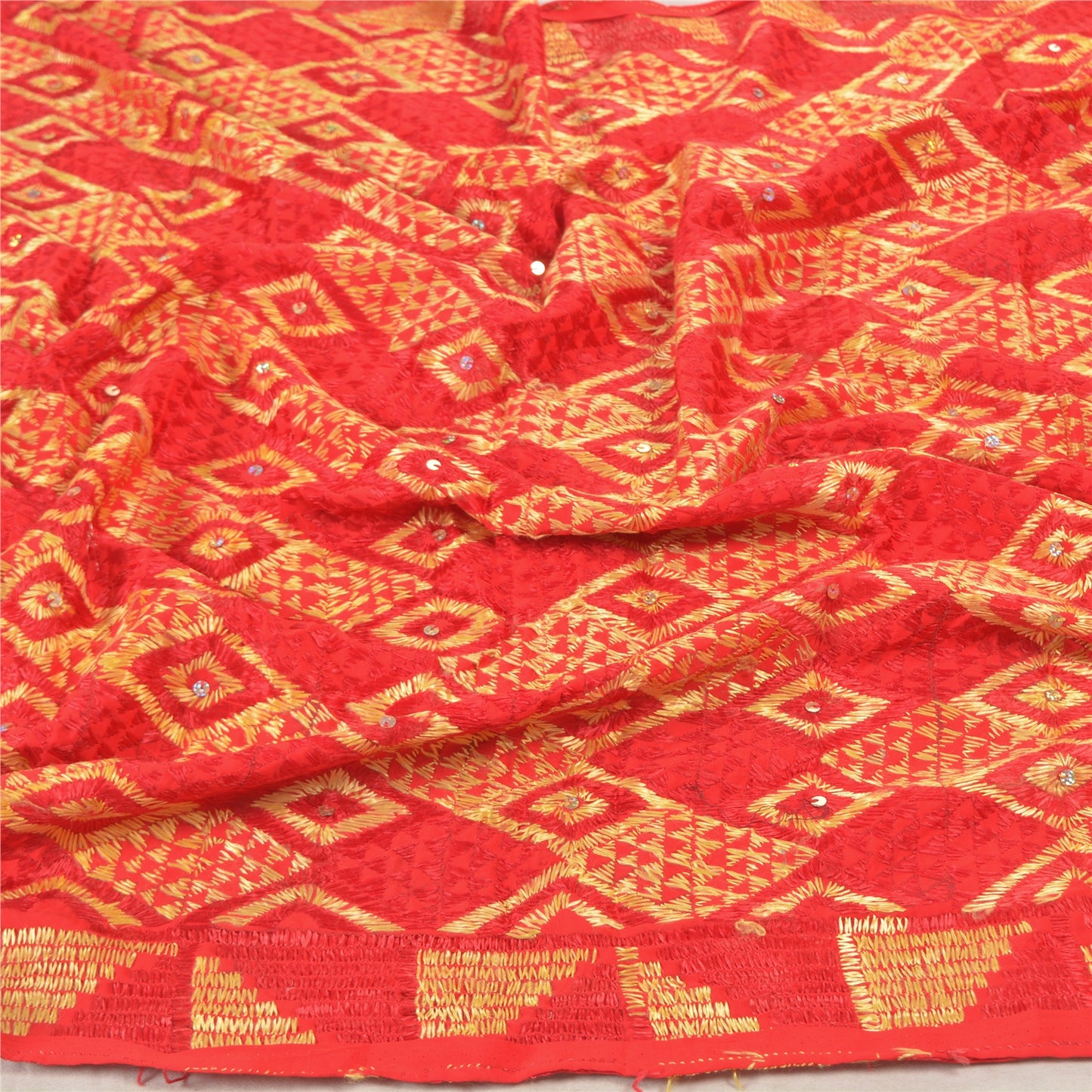 Sanskriti Vintage Heavy Dupatta Pure Crepe Silk Hand Beaded Bagh Phulkari Stole