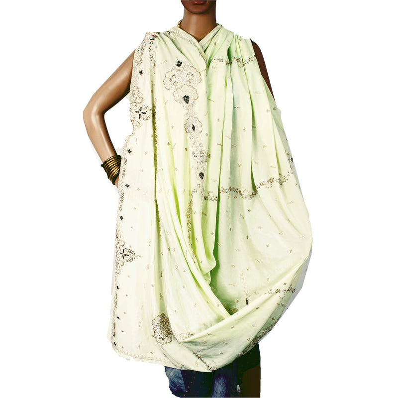 Sanskriti Vintage Green Art Silk Dupatta Hand Embroidered Dabka Sequins Zardozi Work Stole Uses-Table linen, Cushions, Curtains, Dressing