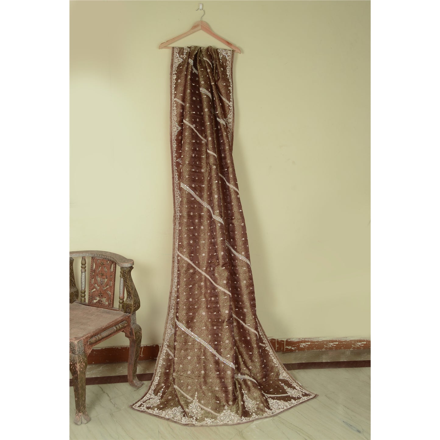 Sanskriti Vintage Dupatta Tissue Brown Hand Beaded Zardozi Work Wedding Stole