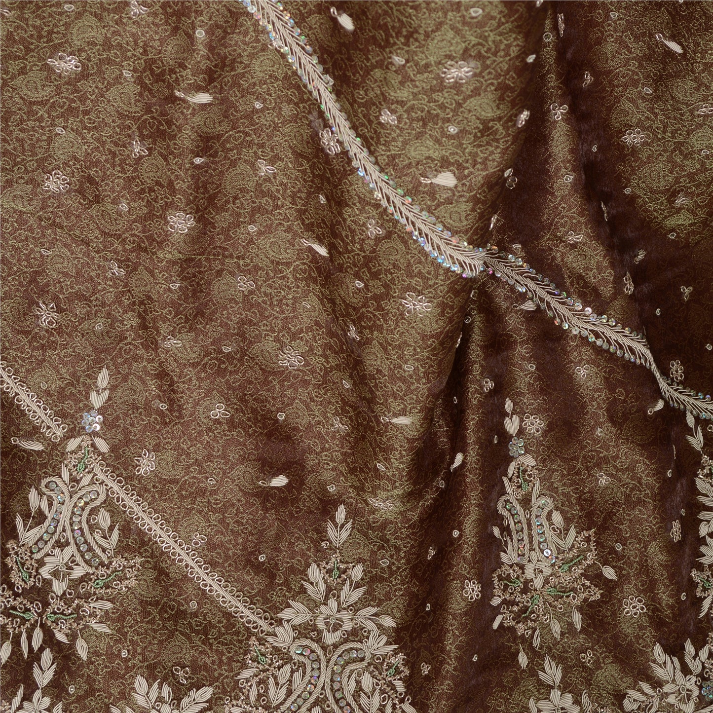 Sanskriti Vintage Dupatta Tissue Brown Hand Beaded Zardozi Work Wedding Stole