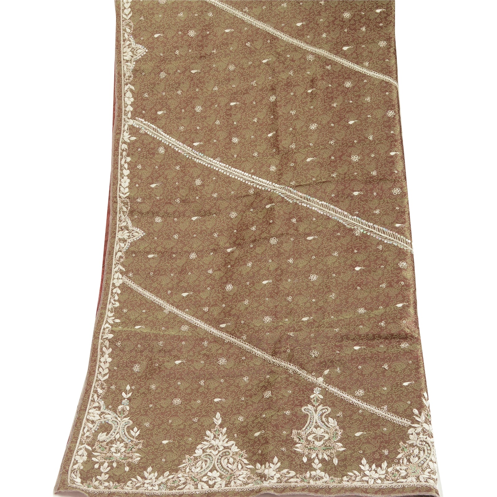 Sanskriti Vintage Dupatta Tissue Brown Hand Beaded Zardozi Work Wedding Stole