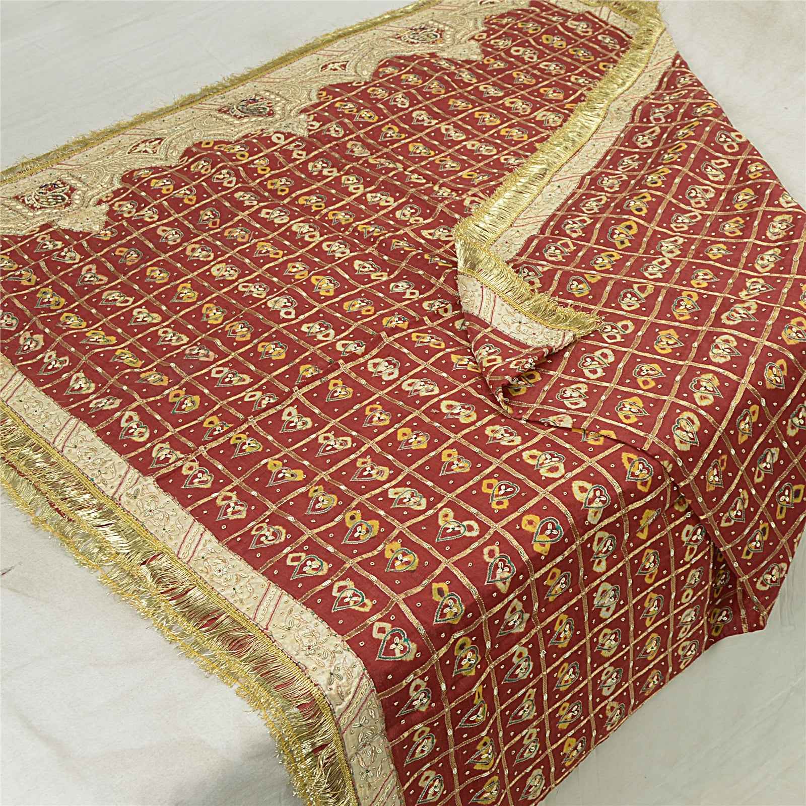 Sanskriti Vintage Dark Red Dupatta Pure Cotton Handmade Bandhani Gharchola Stole