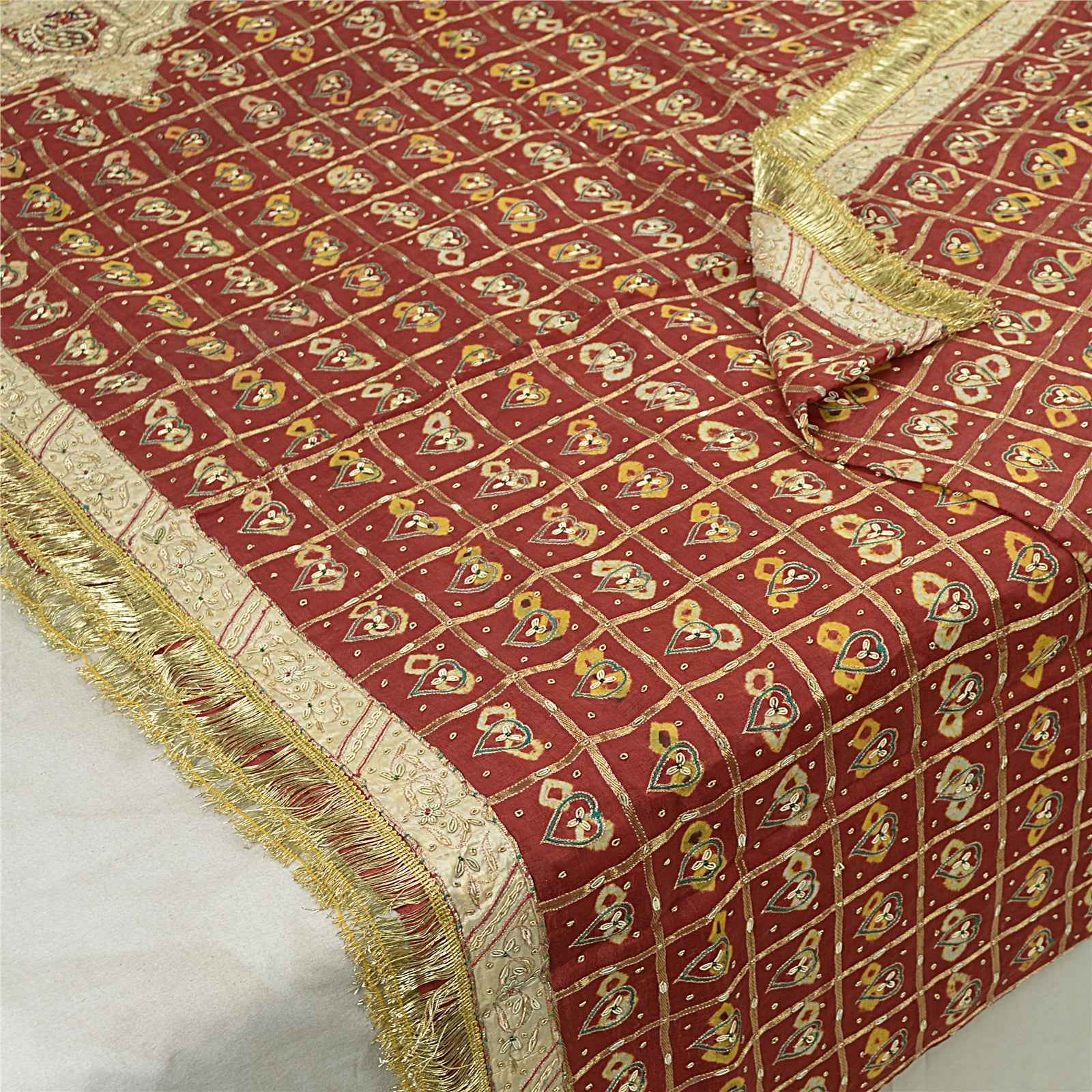 Sanskriti Vintage Dark Red Dupatta Pure Cotton Handmade Bandhani Gharchola Stole