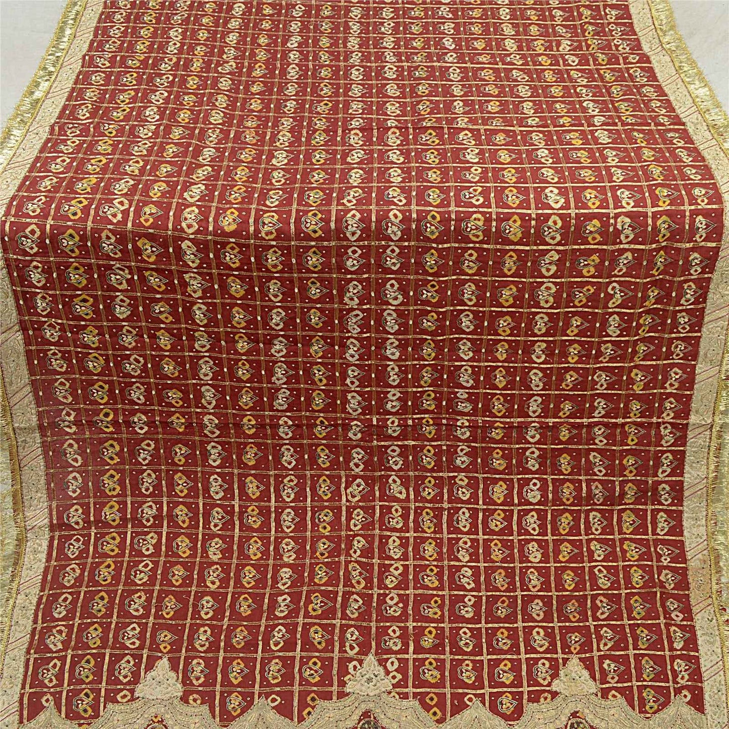 Sanskriti Vintage Dark Red Dupatta Pure Cotton Handmade Bandhani Gharchola Stole