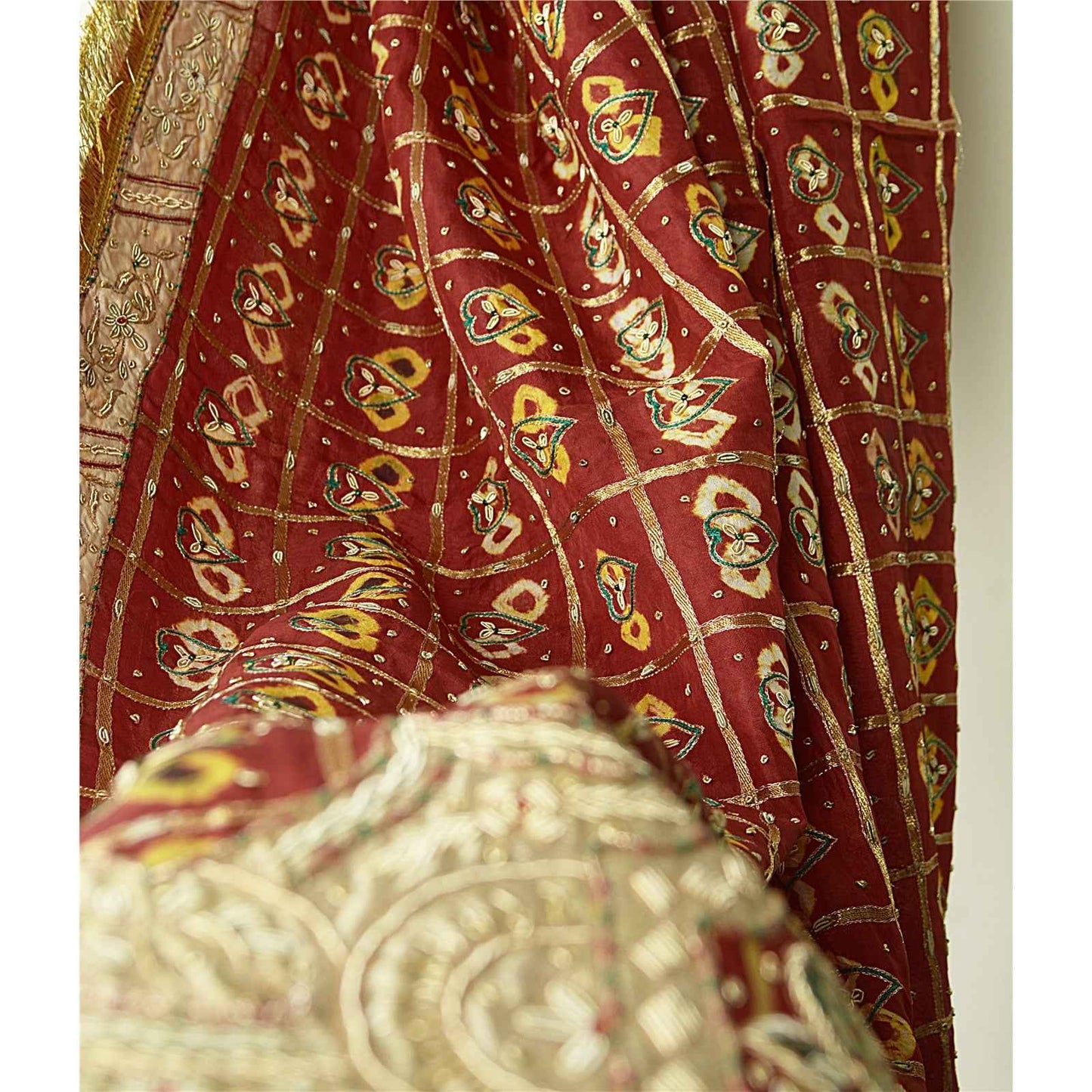 Sanskriti Vintage Dark Red Dupatta Pure Cotton Handmade Bandhani Gharchola Stole