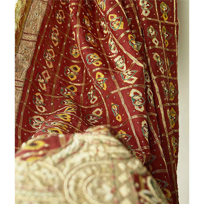 Sanskriti Vintage Dark Red Dupatta Pure Cotton Handmade Bandhani Gharchola Stole