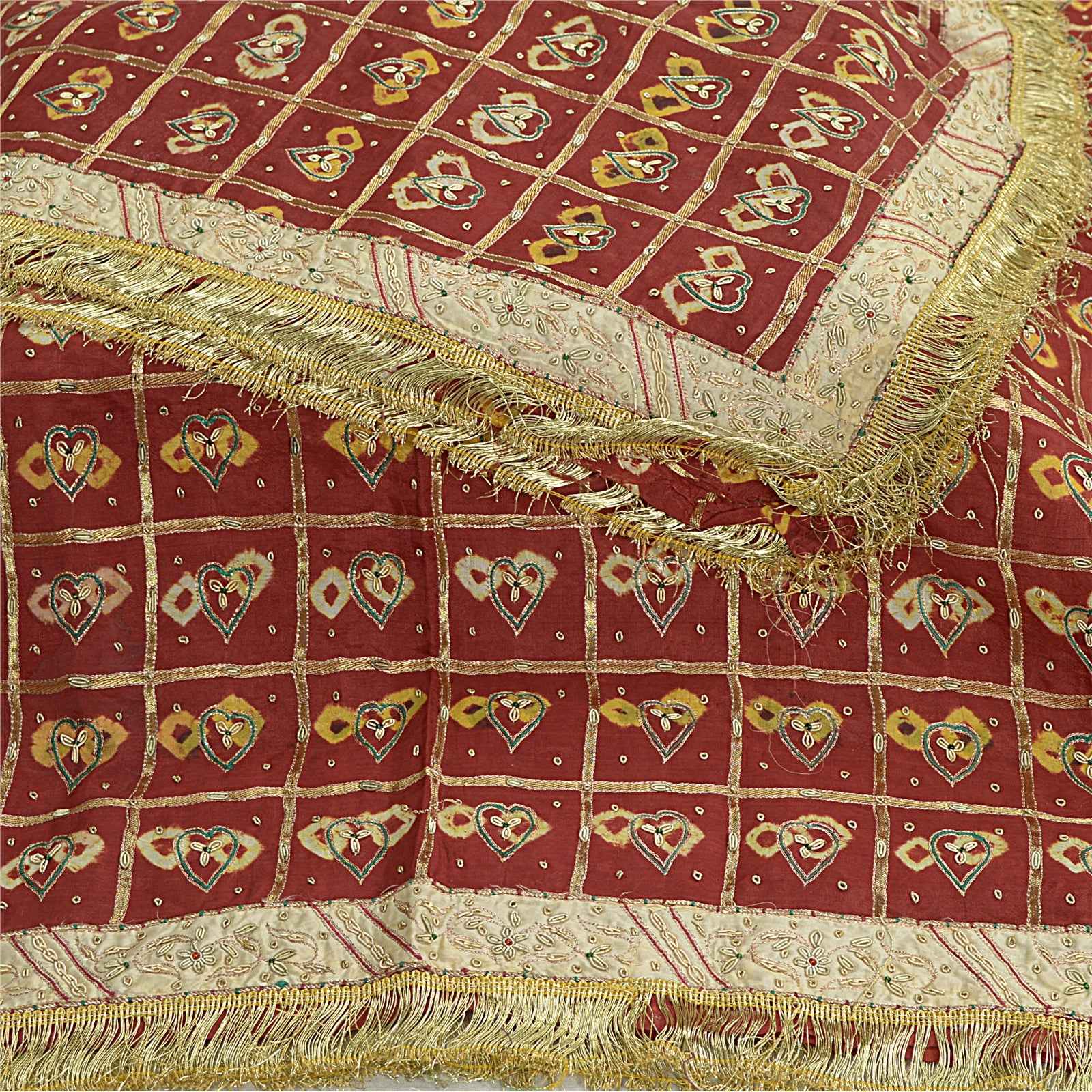 Sanskriti Vintage Dark Red Dupatta Pure Cotton Handmade Bandhani Gharchola Stole