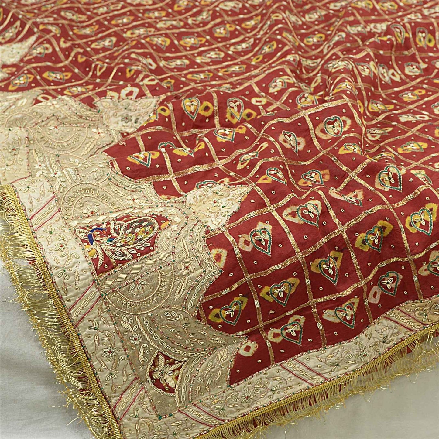 Sanskriti Vintage Dark Red Dupatta Pure Cotton Handmade Bandhani Gharchola Stole