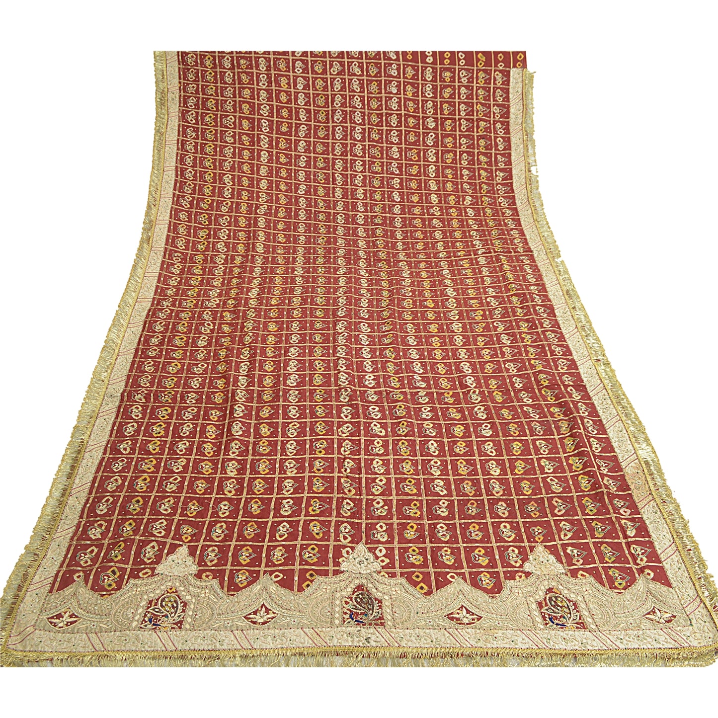 Sanskriti Vintage Dark Red Dupatta Pure Cotton Handmade Bandhani Gharchola Stole