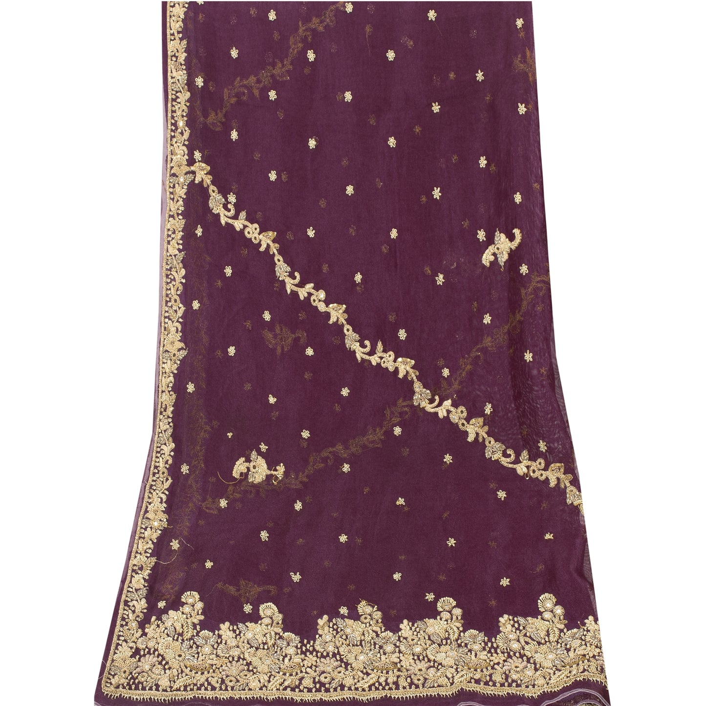 Sanskriti Vintage Dupatta Indian Net Mesh Purple Hand Beaded Zardozi Work Stole