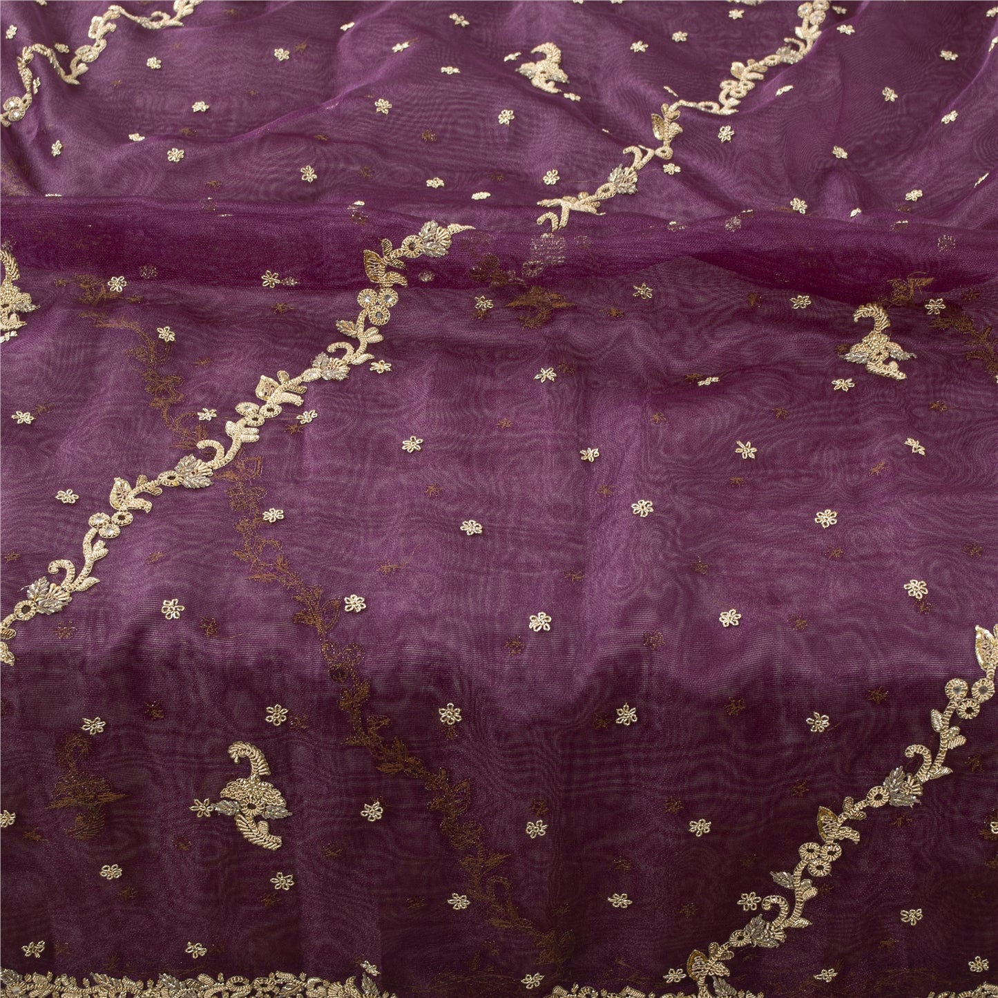 Sanskriti Vintage Dupatta Indian Net Mesh Purple Hand Beaded Zardozi Work Stole