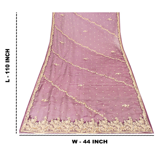 Sanskriti Vintage Dupatta Indian Net Mesh Purple Hand Beaded Zardozi Work Stole