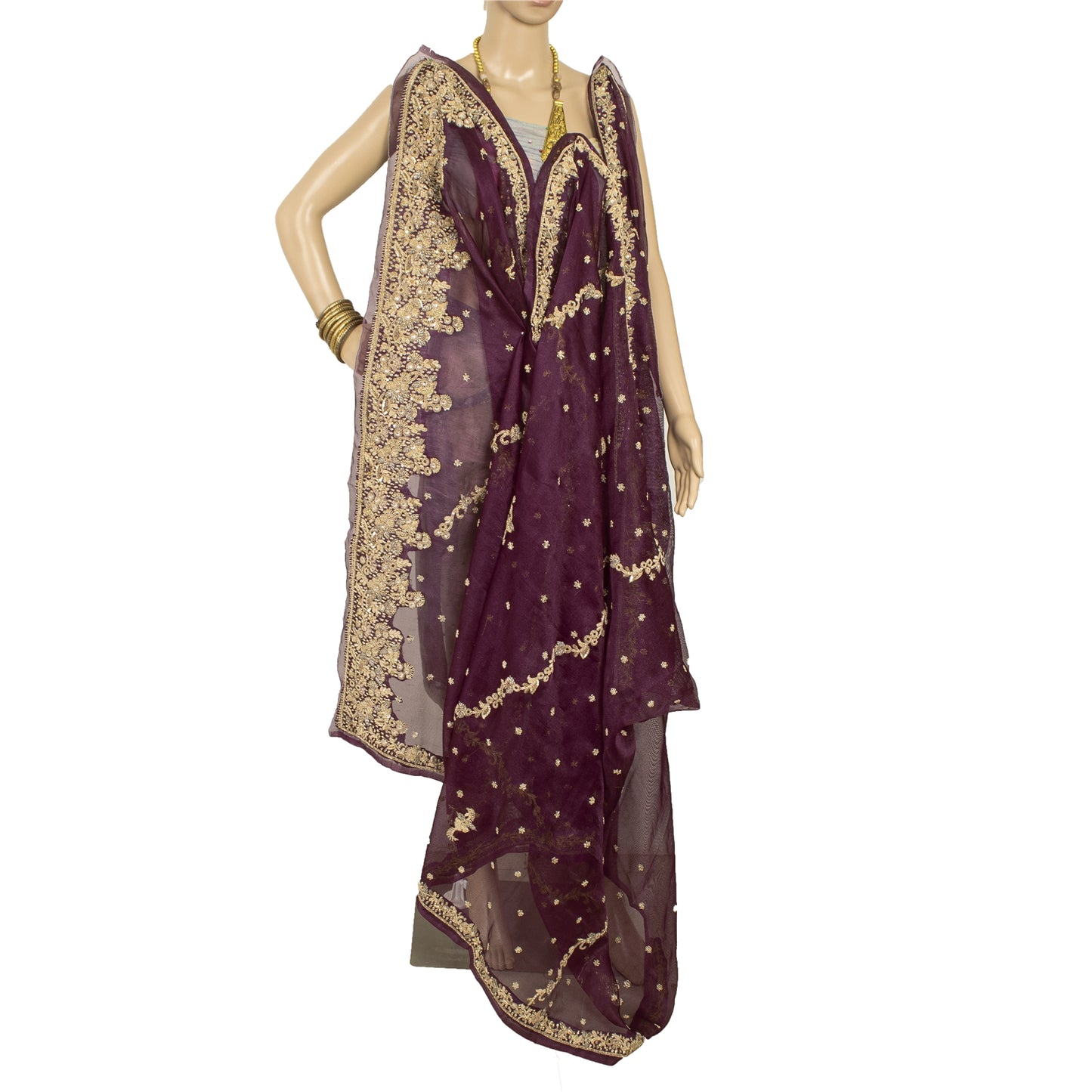 Sanskriti Vintage Dupatta Indian Net Mesh Purple Hand Beaded Zardozi Work Stole