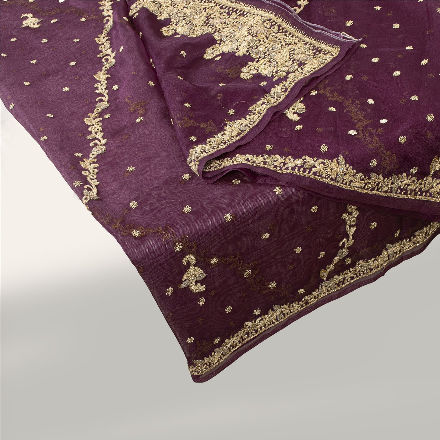 Sanskriti Vintage Dupatta Indian Net Mesh Purple Hand Beaded Zardozi Work Stole
