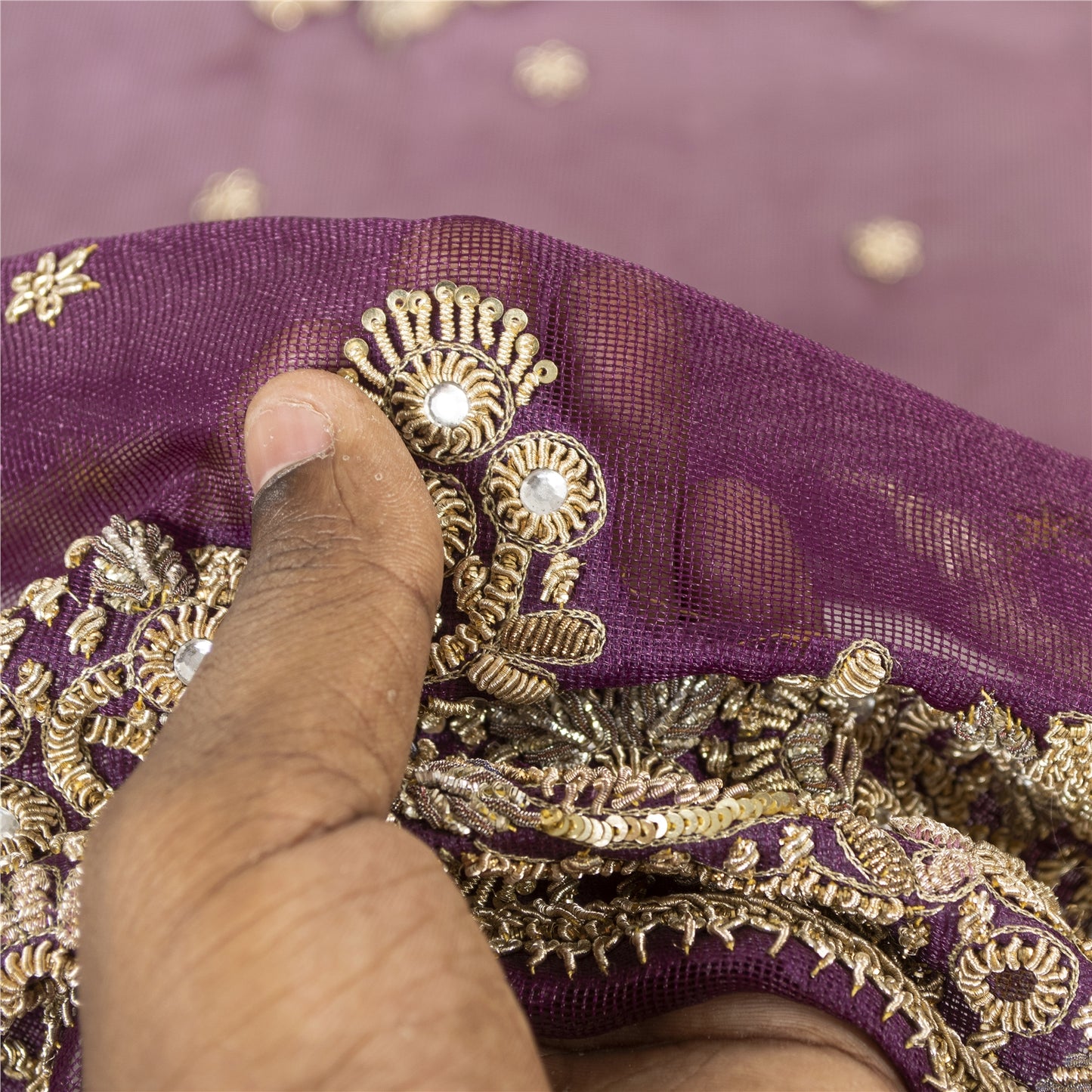 Sanskriti Vintage Dupatta Indian Net Mesh Purple Hand Beaded Zardozi Work Stole