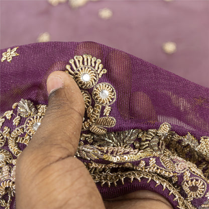Sanskriti Vintage Dupatta Indian Net Mesh Purple Hand Beaded Zardozi Work Stole