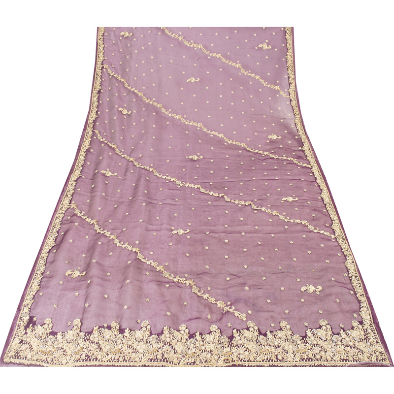Sanskriti Vintage Net Mesh Purple Dupatta Indian Hand Embroidered Zardozi Work Stole Crafting, Upcycling, Recycling, Dress Making, Decor