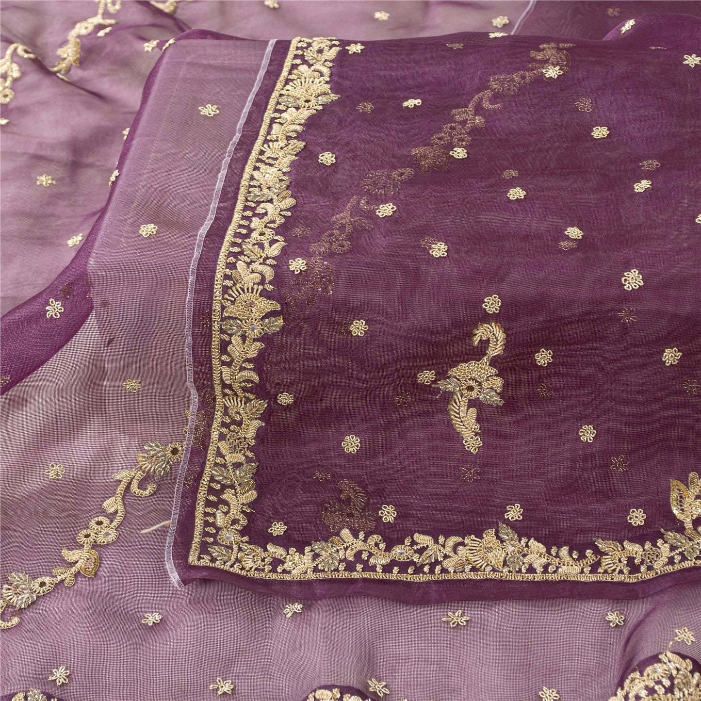 Sanskriti Vintage Dupatta Indian Net Mesh Purple Hand Beaded Zardozi Work Stole