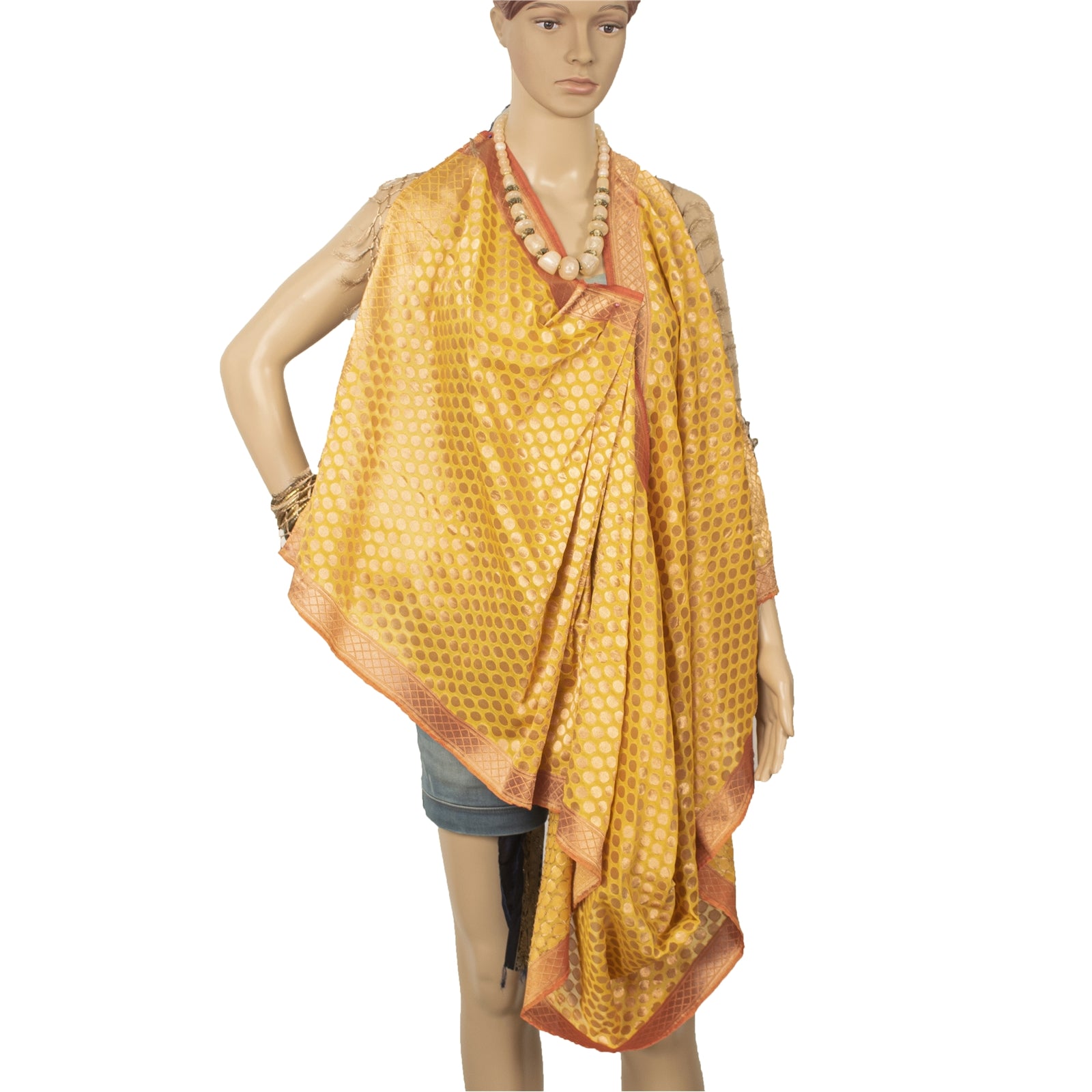 Sanskriti Vintage Heavy Dupatta Art Silk Yellow Woven Brocade Zari Party Scarves