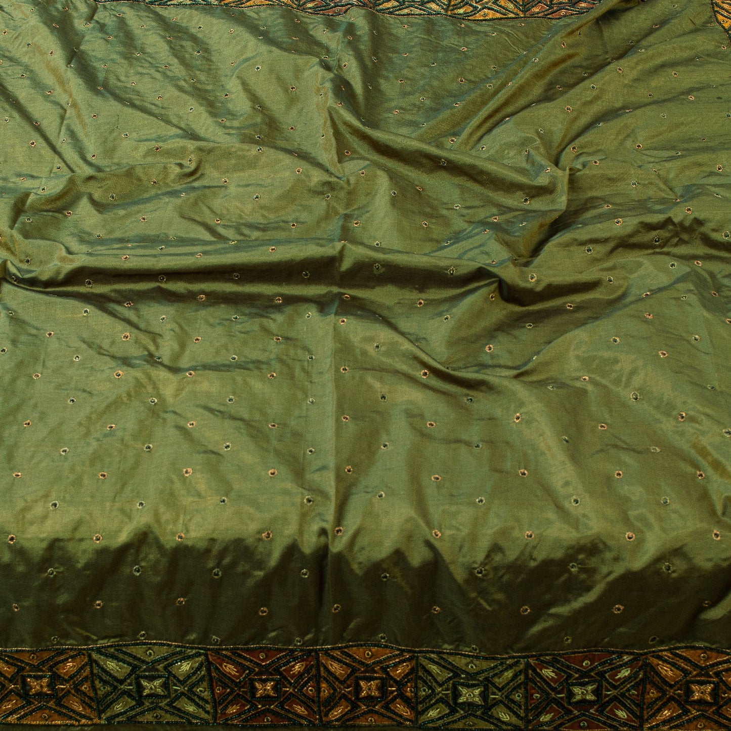 Sanskriti Vintage Long Dupatta Stole Pure Silk Green Hand Beaded Zardozi Scarves