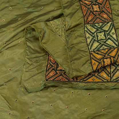 Sanskriti Vintage Long Dupatta Stole Pure Silk Green Hand Beaded Zardozi Scarves