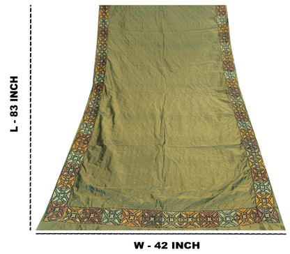 Sanskriti Vintage Pure Silk Green Long Dupatta Stole Hand Embroidered Zardozi Beads Scarves Crafting, Upcycling, Recycling, Dress Making