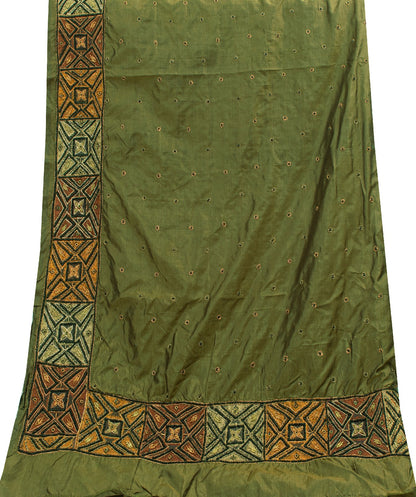 Sanskriti Vintage Long Dupatta Stole Pure Silk Green Hand Beaded Zardozi Scarves