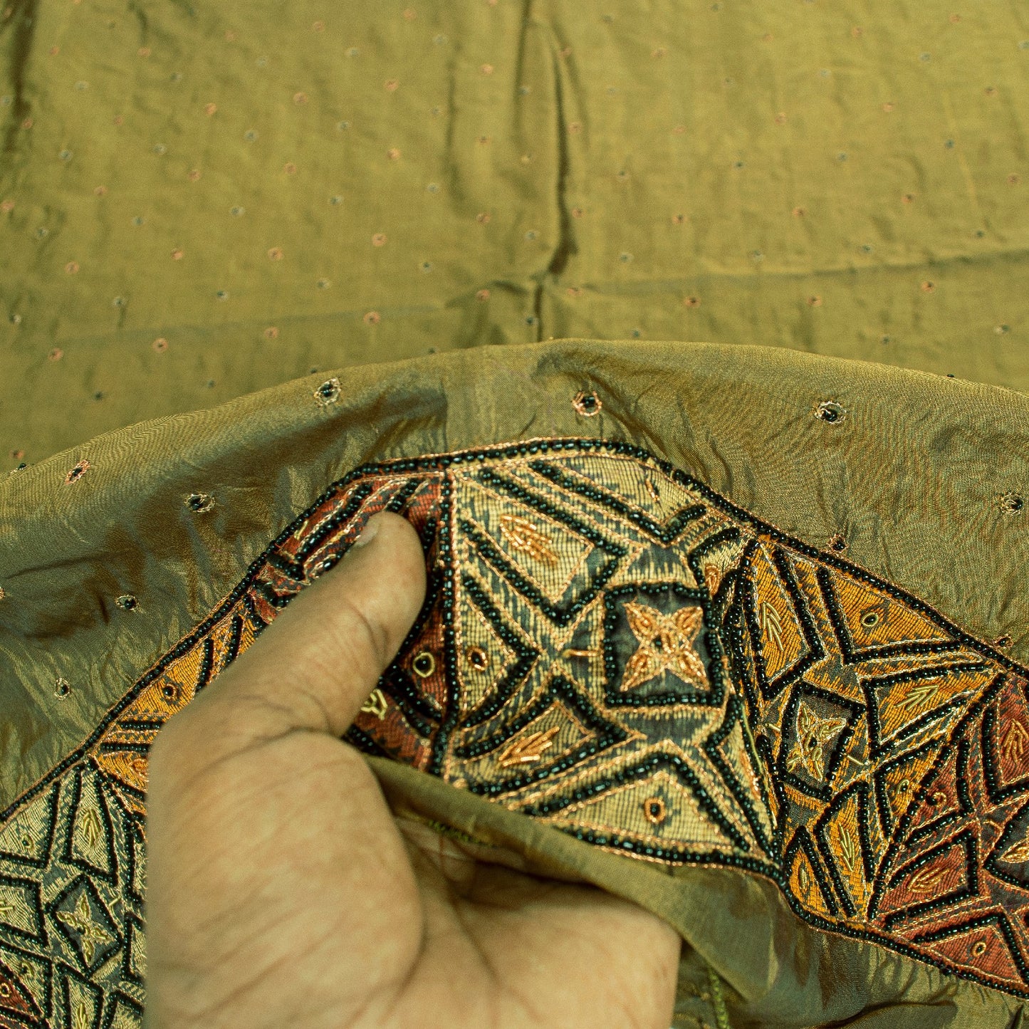 Sanskriti Vintage Long Dupatta Stole Pure Silk Green Hand Beaded Zardozi Scarves