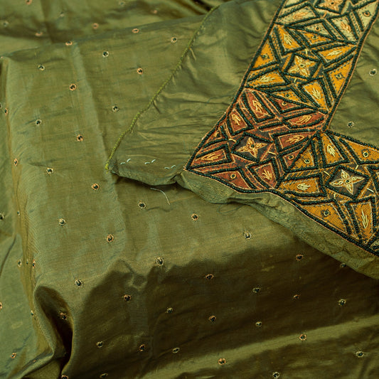 Sanskriti Vintage Long Dupatta Stole Pure Silk Green Hand Beaded Zardozi Scarves