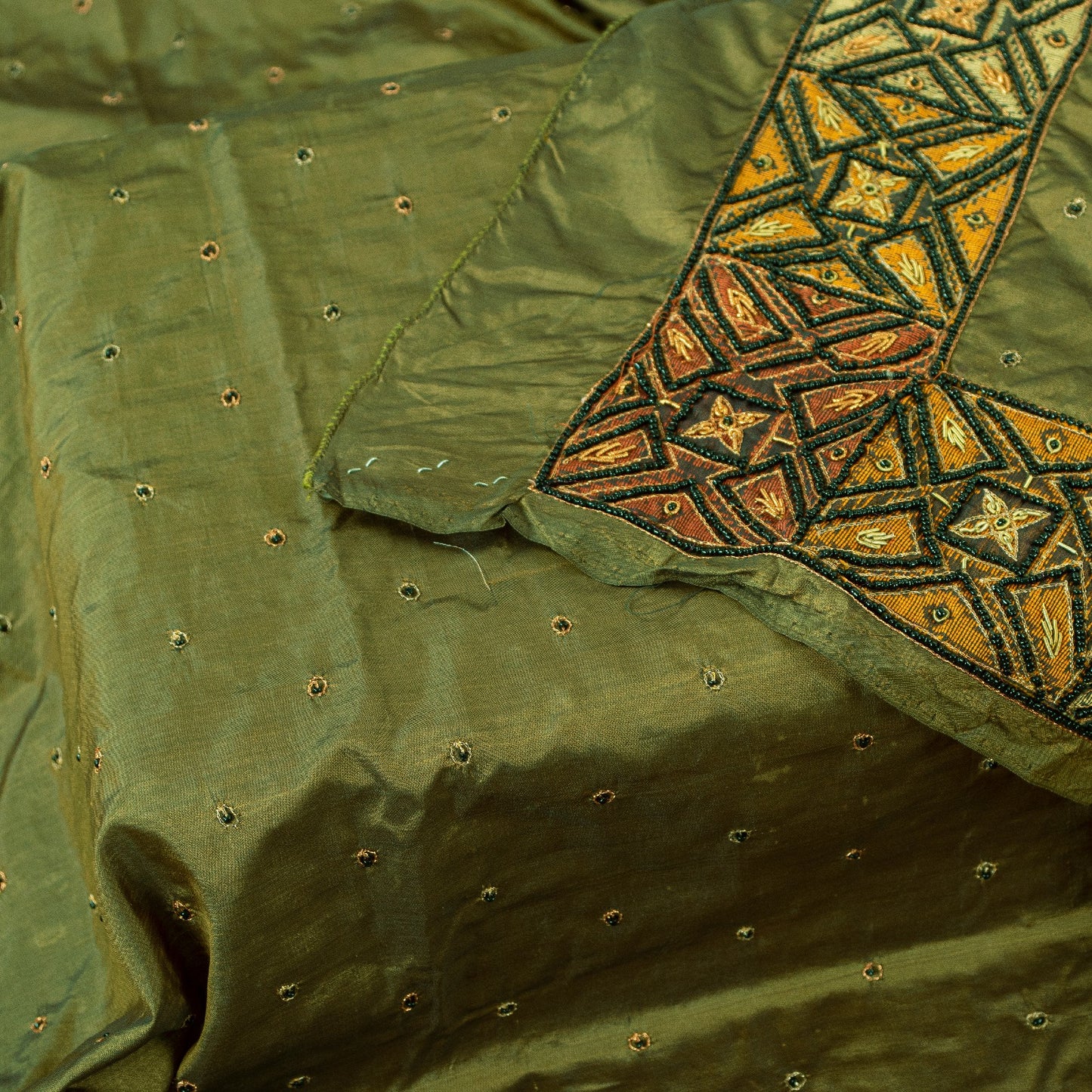 Sanskriti Vintage Long Dupatta Stole Pure Silk Green Hand Beaded Zardozi Scarves