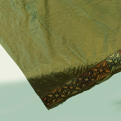Sanskriti Vintage Pure Silk Green Long Dupatta Stole Hand Embroidered Zardozi Beads Scarves Crafting, Upcycling, Recycling, Dress Making