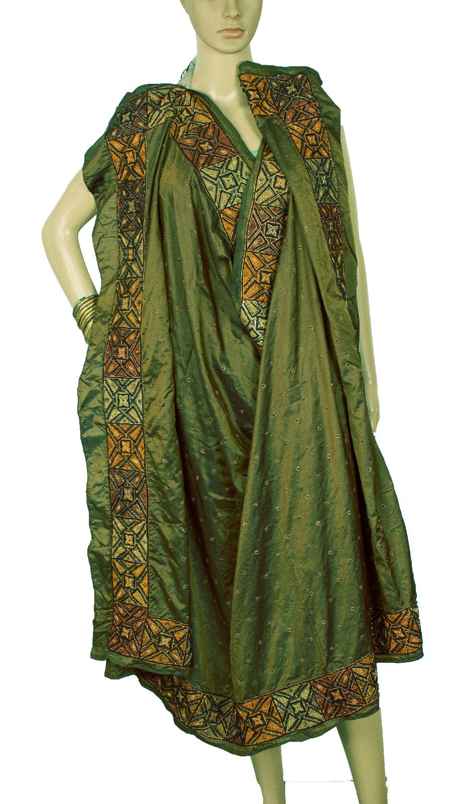 Sanskriti Vintage Long Dupatta Stole Pure Silk Green Hand Beaded Zardozi Scarves