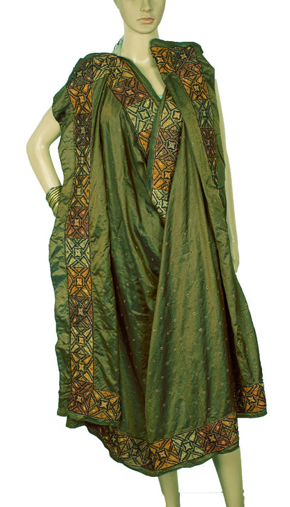 Sanskriti Vintage Long Dupatta Stole Pure Silk Green Hand Beaded Zardozi Scarves