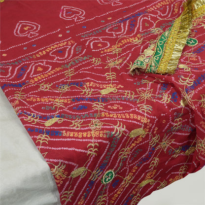 Sanskriti Vintage Long Dupatta Stole Pure Silk Red Hand Beaded Bandhani Scarves