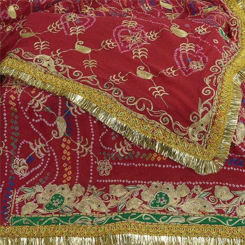 Sanskriti Vintage Long Dupatta Stole Pure Silk Red Bridal Hand Beaded Zardozi Bandhani Gujrat  For Dressmaking,Craft Supplies,