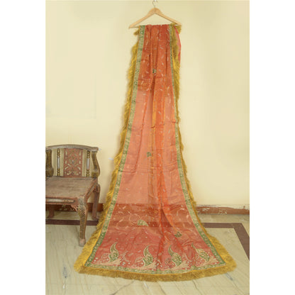 Sanskriti Vintage Wedding Dupatta Tissue Orange Hand Beaded Zardozi Stole