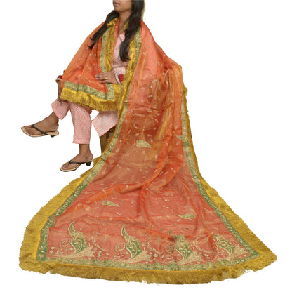 Sanskriti Vintage Wedding Dupatta Tissue Orange Hand Beaded Zardozi Stole