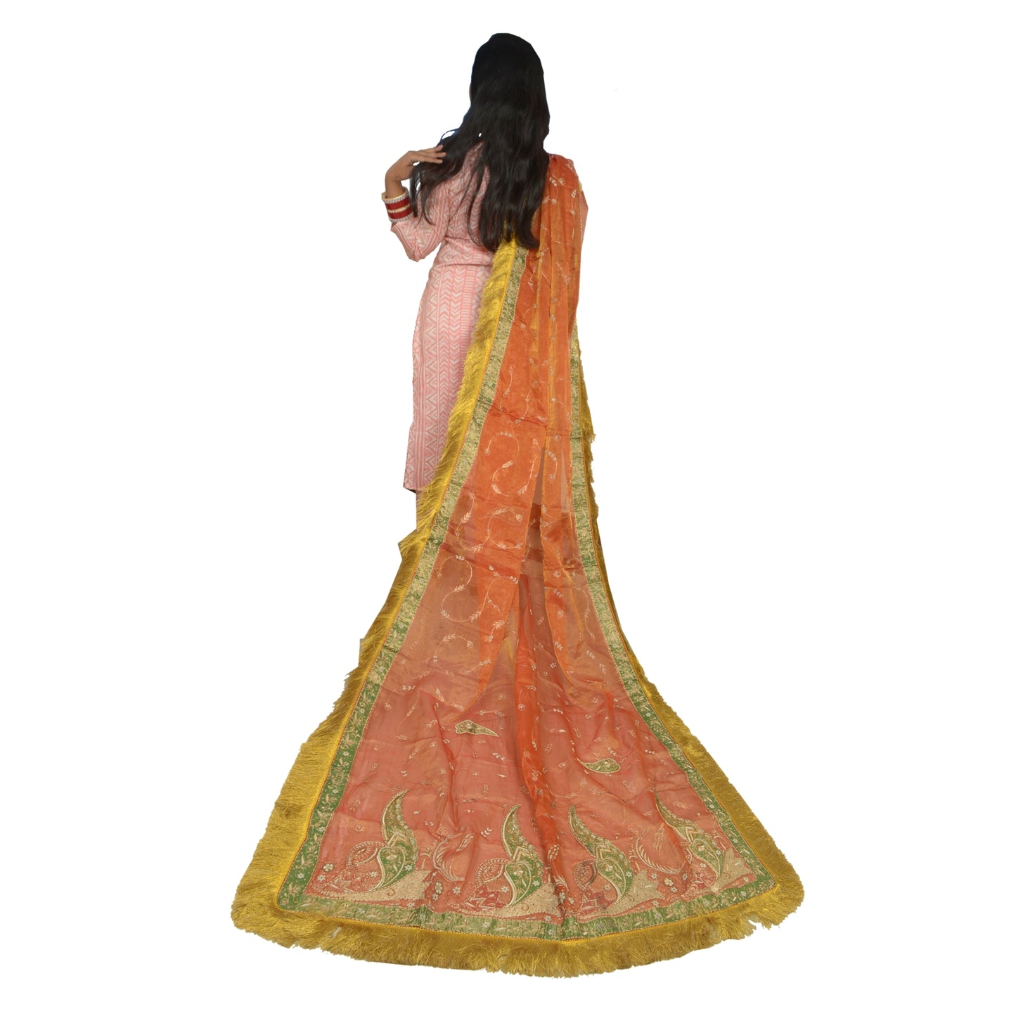 Sanskriti Vintage Wedding Dupatta Tissue Orange Hand Beaded Zardozi Stole