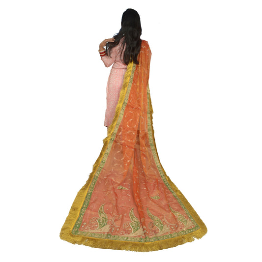 Sanskriti Vintage Wedding Dupatta Tissue Orange Hand Beaded Zardozi Stole