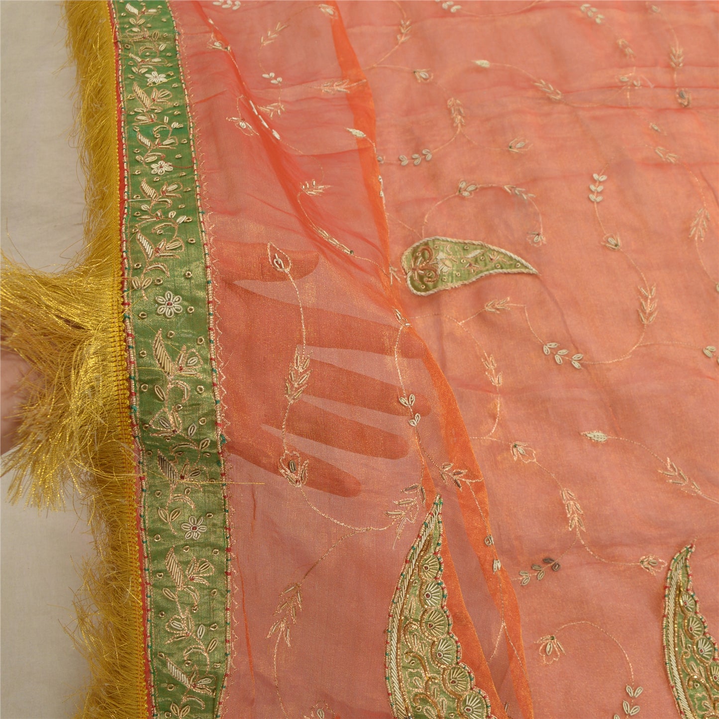 Sanskriti Vintage Wedding Dupatta Tissue Orange Hand Beaded Zardozi Stole